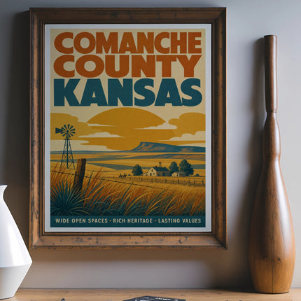 Comanche County Kansas travel poster with windmill, farmhouse, and rolling hills.