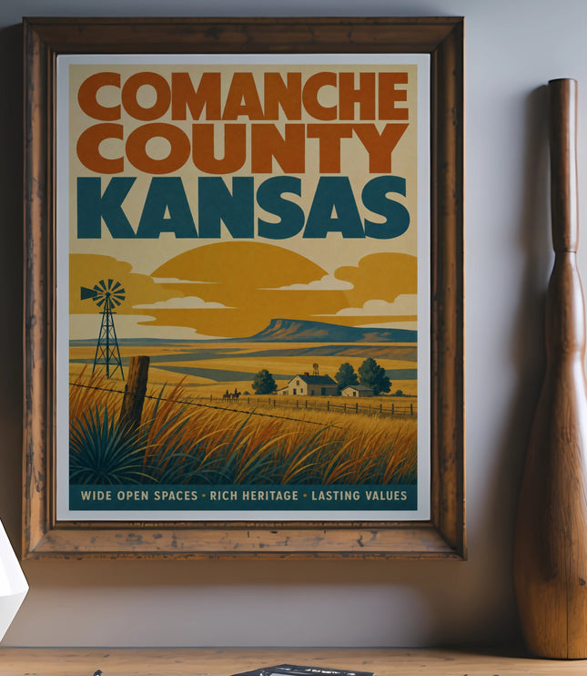 Comanche County Kansas travel poster with windmill, farmhouse, and rolling hills.