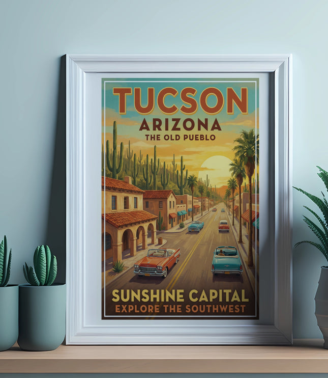 Tucson Arizona poster. Desert scene with vintage cars.