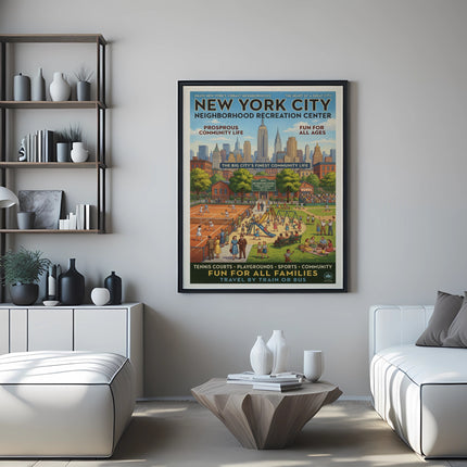 New York City Neighborhood Recreation Center poster with people enjoying sports and community activities.