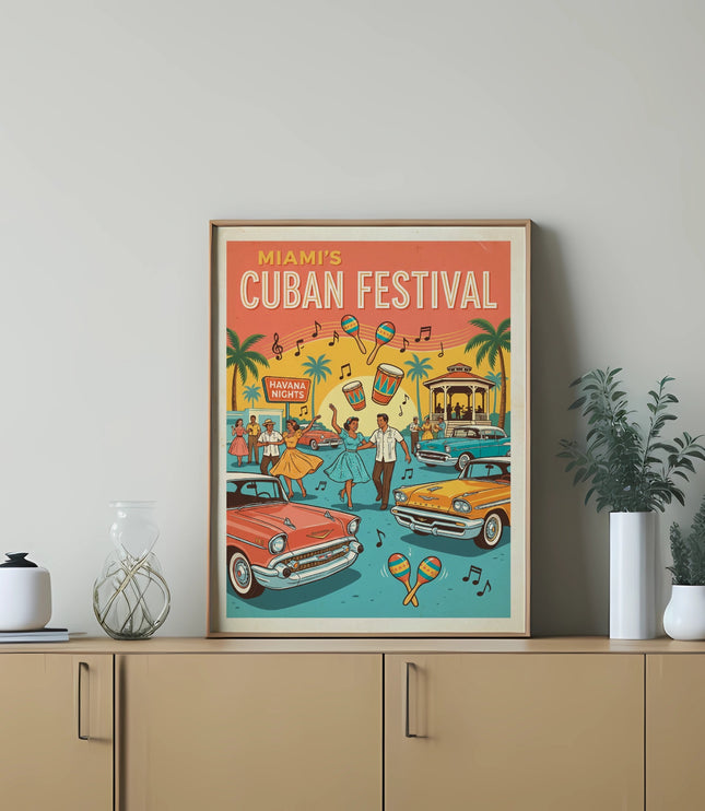 Miami's Cuban Festival poster depicting dancing couples and vintage cars with palm trees.
