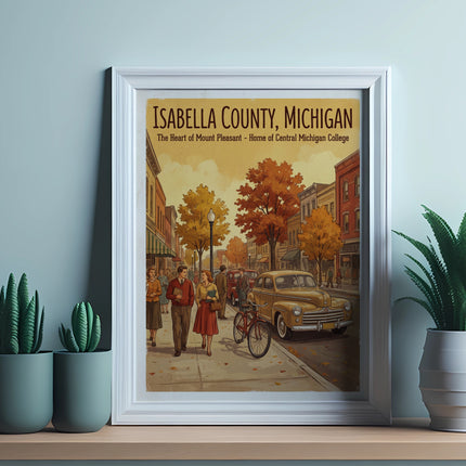 Isabella County, Michigan poster featuring a vintage street scene and text.