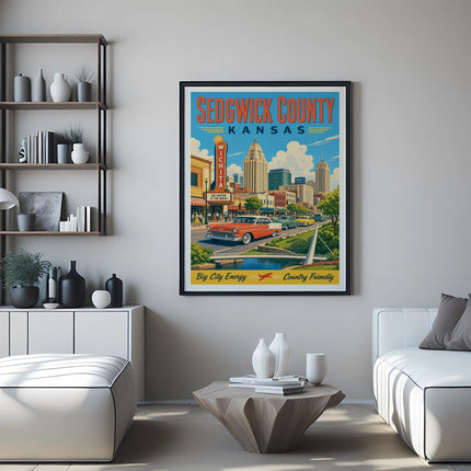 Sedgwick County Kansas travel poster with vintage car and Wichita skyline.