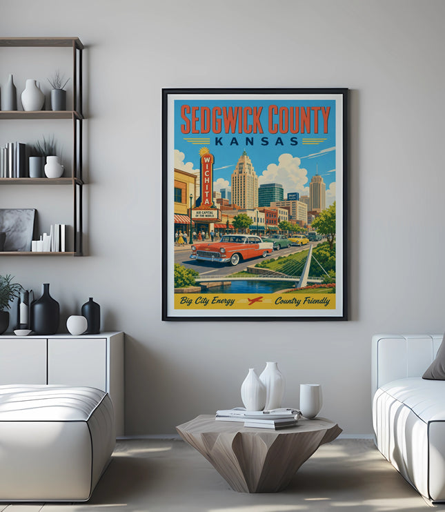 Sedgwick County Kansas travel poster with vintage car and Wichita skyline.