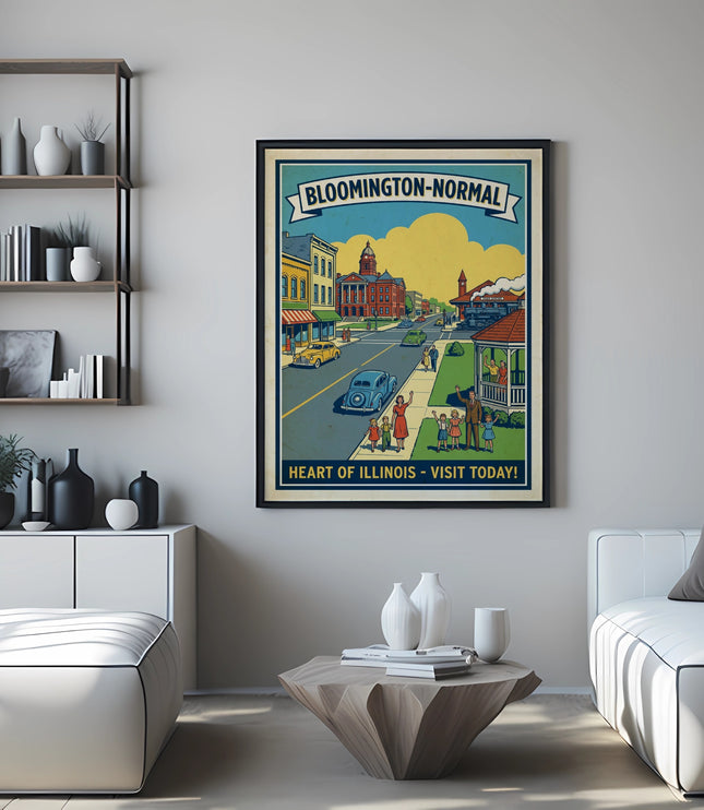 Bloomington-Normal vintage travel poster with buildings, cars, and people.