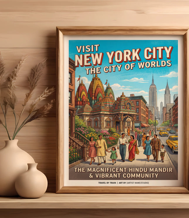 Vintage poster of New York City with Hindu temple and skyscrapers.