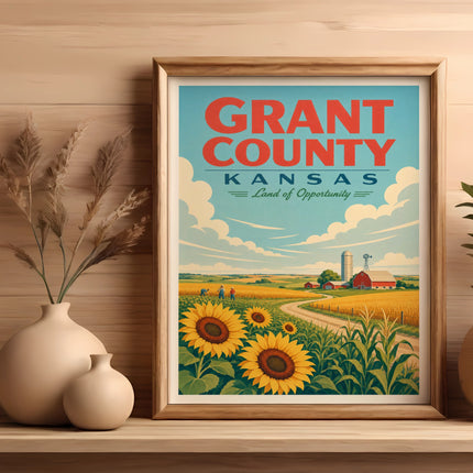 Grant County Kansas Land of Opportunity poster with sunflowers and a barn.