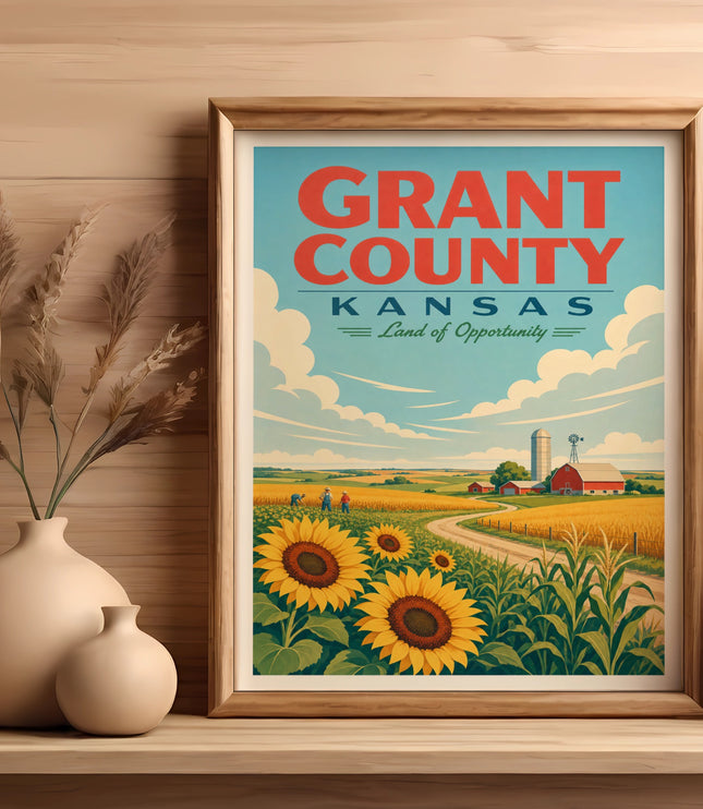 Grant County Kansas Land of Opportunity poster with sunflowers and a barn.