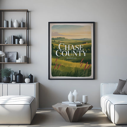 Poster of Chase County, Kansas landscape with rolling hills and text overlay.