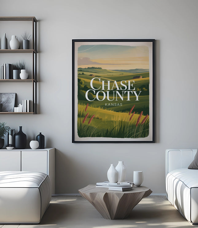 Poster of Chase County, Kansas landscape with rolling hills and text overlay.