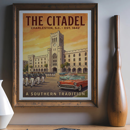 Vintage poster of The Citadel in Charleston, S.C., with cadets marching and classic cars.