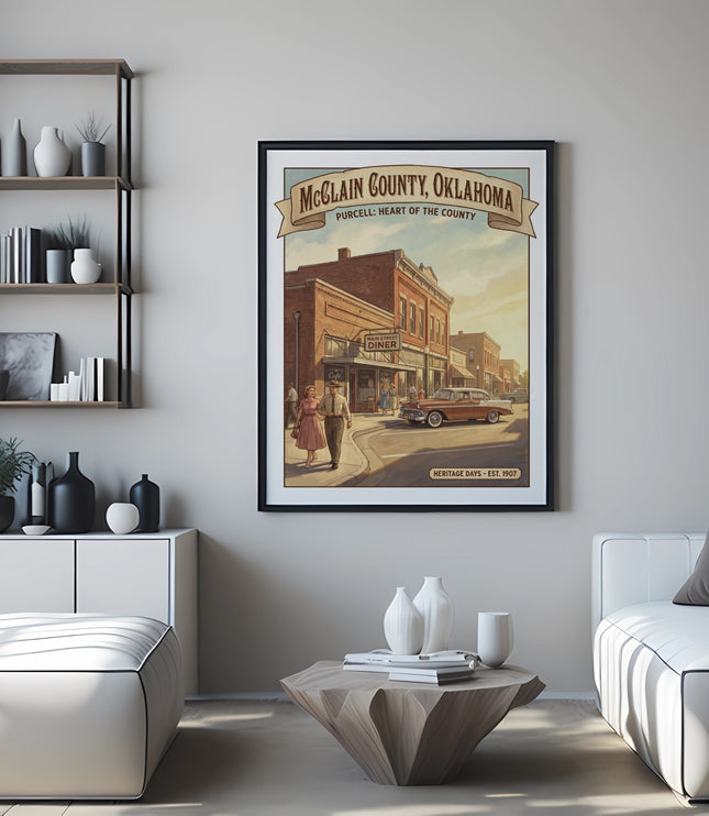 McClain County, Oklahoma vintage travel poster with Purcell diner and cars.