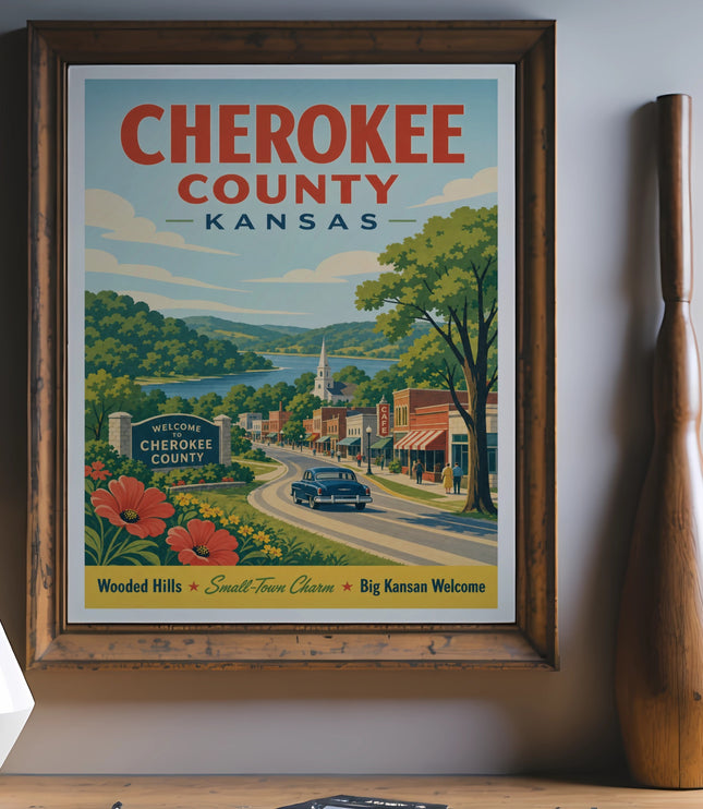 Cherokee County, Kansas travel poster with town scene, lake, and hills.