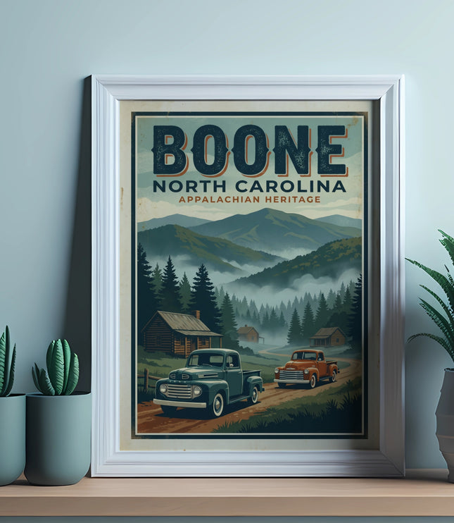 Framed Boone North Carolina vintage travel poster with trucks and mountains.