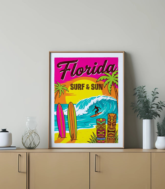 Retro Florida surf and sun poster with surfboards, wave, and tiki statues.