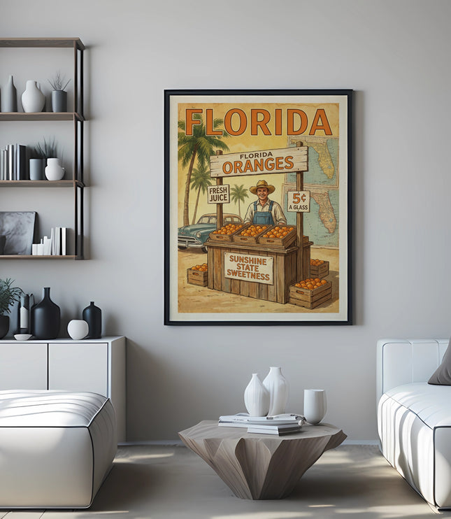 Framed vintage Florida oranges poster with man and fruit stand.