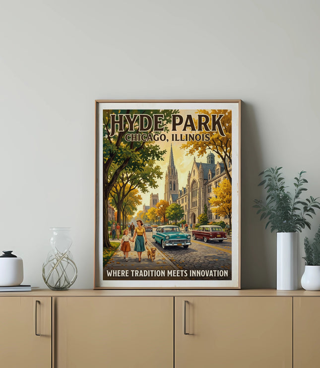 Hyde Park, Chicago, Illinois poster with "Where Tradition Meets Innovation" text.