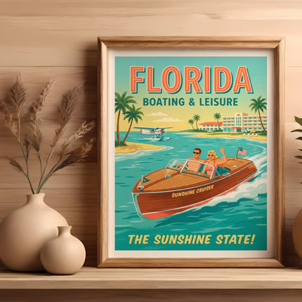 Retro Florida boating and leisure poster featuring a Sunshine Cruiser boat.