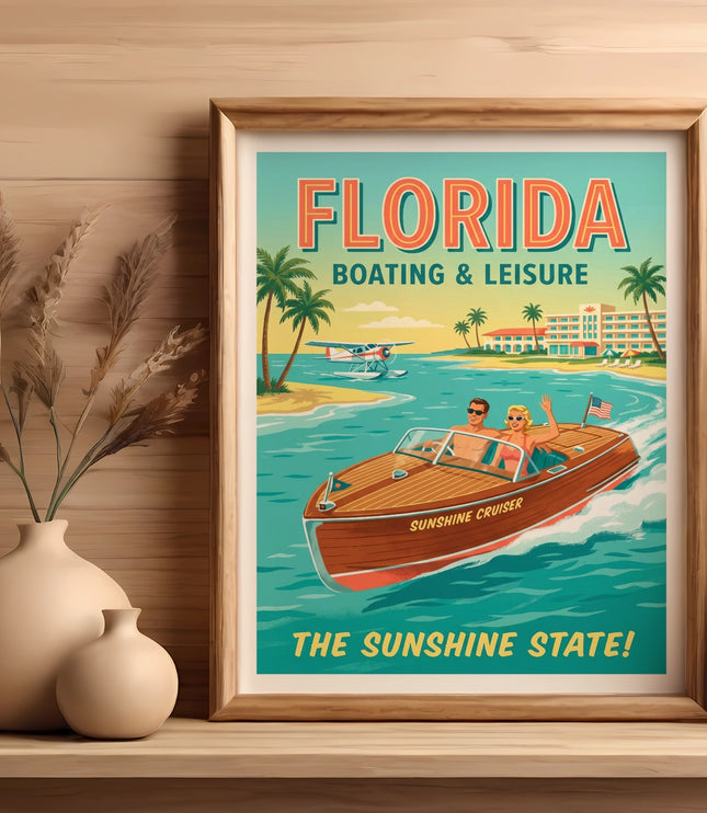 Retro Florida boating and leisure poster featuring a Sunshine Cruiser boat.
