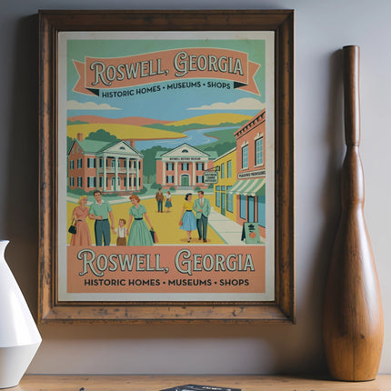Framed poster with illustration of Roswell, Georgia historic homes, museums, and shops.