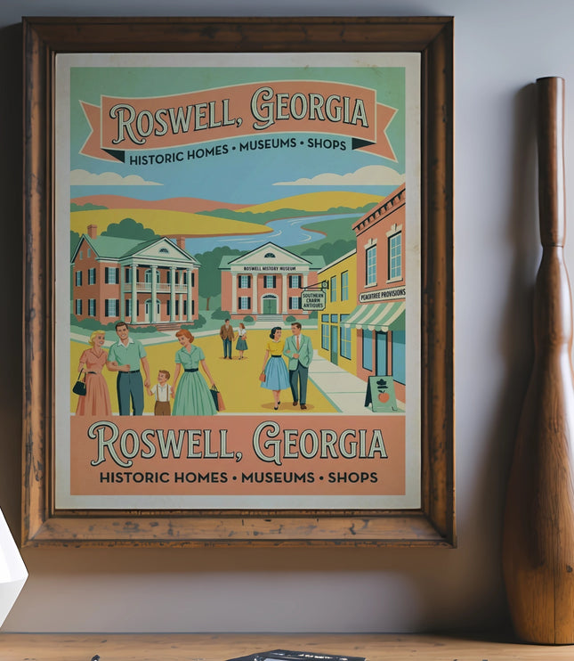 Framed poster with illustration of Roswell, Georgia historic homes, museums, and shops.