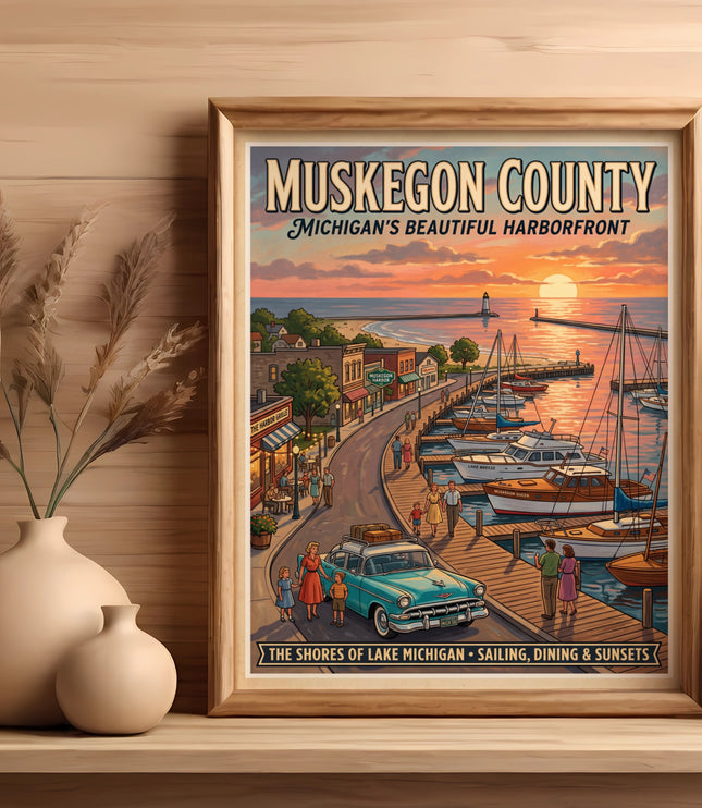 Framed print of Muskegon County harborfront with boats and sunset.