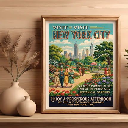 Vintage New York City poster with a couple walking in a botanical garden.