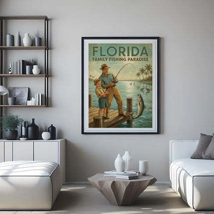 Florida Family Fishing vintage poster on wall above sofa.