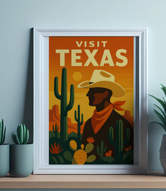 Poster with "Visit Texas" text, a cowboy, and desert cacti.