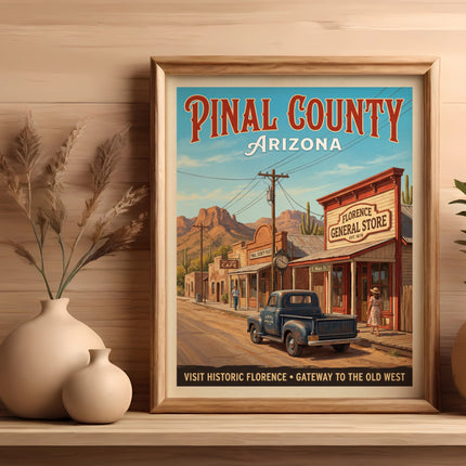 Vintage Pinal County Arizona poster with Florence General Store and a pickup truck.