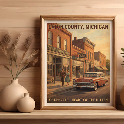 Framed artwork depicting Eaton County, Michigan with vintage shops and car.