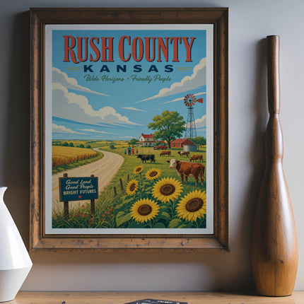 Retro Rush County Kansas travel poster with sunflowers and windmill.