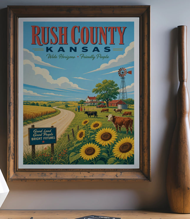 Retro Rush County Kansas travel poster with sunflowers and windmill.