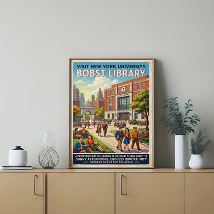 Bobs Library, New York University poster with students, buildings, and text.