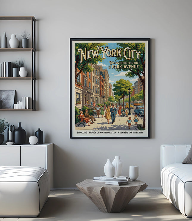 New York City Park Avenue vintage poster with people, cars, and buildings.