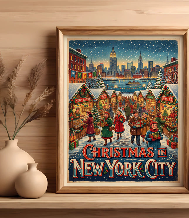 Vintage style poster of Christmas in New York City with snow and market stalls.