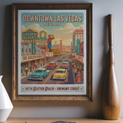 Vintage travel poster of Downtown Las Vegas depicting Fremont Street with classic cars and casinos.