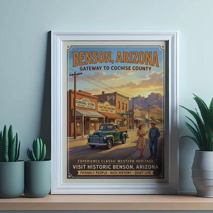 Vintage Benson, Arizona travel poster with western street scene and text.