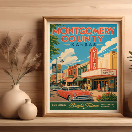 Vintage travel poster of Montgomery County, Kansas, featuring the Rialto theater.
