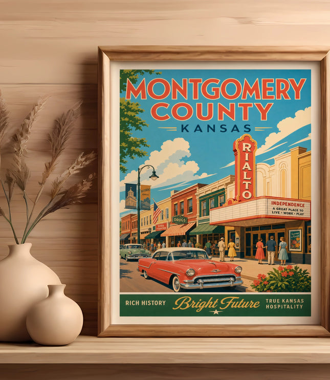 Vintage travel poster of Montgomery County, Kansas, featuring the Rialto theater.