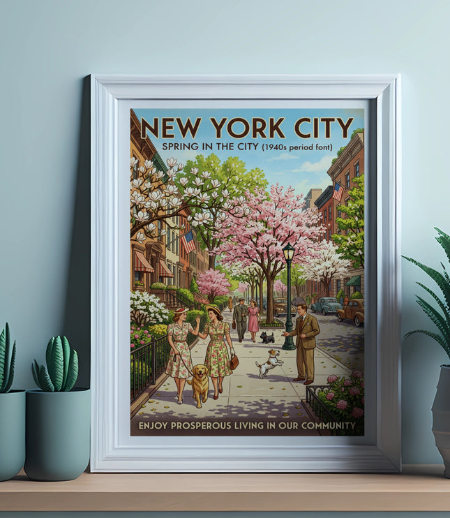 New York City Spring in the City vintage poster with people, dogs, and cherry blossoms.