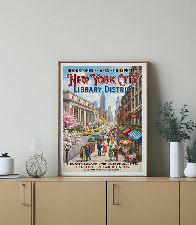 New York City Library District vintage travel poster with shops, people, and cars.