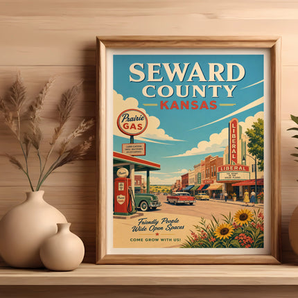 Retro poster for Seward County, Kansas, featuring a vintage gas station and street scene.