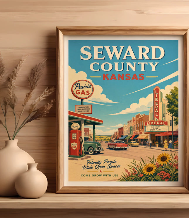 Retro poster for Seward County, Kansas, featuring a vintage gas station and street scene.