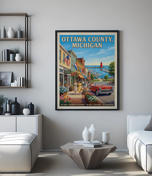 Ottawa County, Michigan vintage travel poster with waterfront scene and classic car.