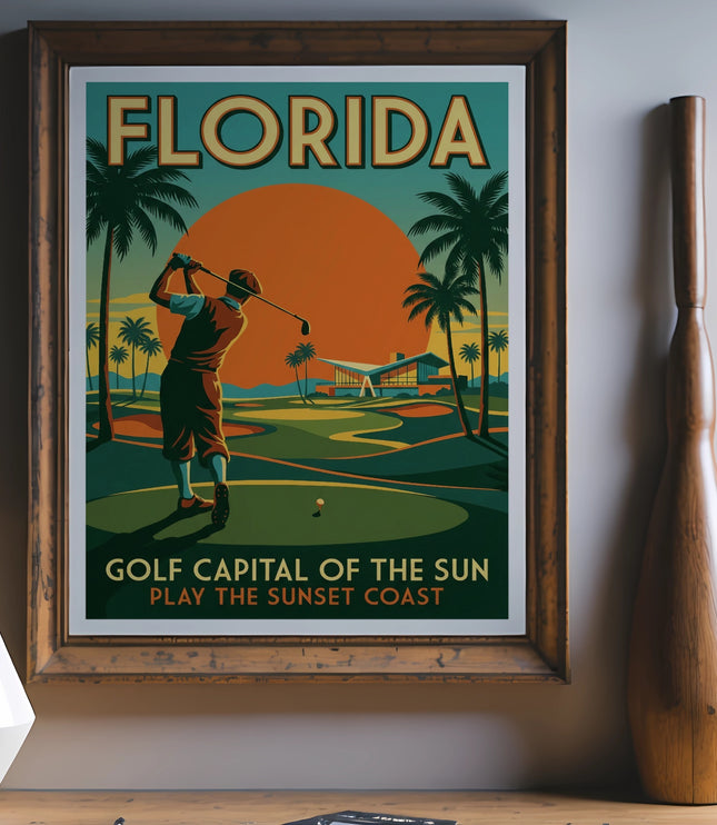Retro Florida golf poster featuring a golfer, palm trees, and the text "GOLF CAPITAL OF THE SUN. PLAY THE SUNSET COAST."