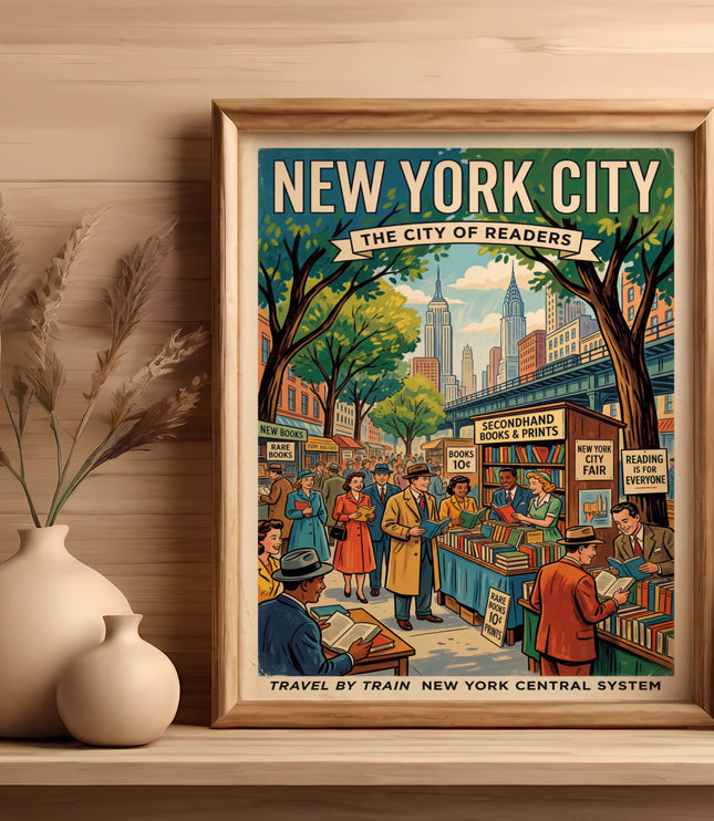 New York City: The City of Readers vintage travel poster with people browsing books.