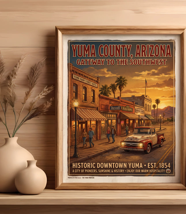 Yuma County, Arizona poster of Historic Downtown Yuma street scene at sunset.