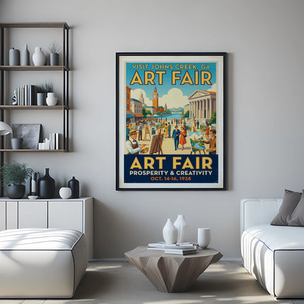 Art Fair poster with "Visit Johns Creek, GA" and "Oct. 14-16, 1938" dates.