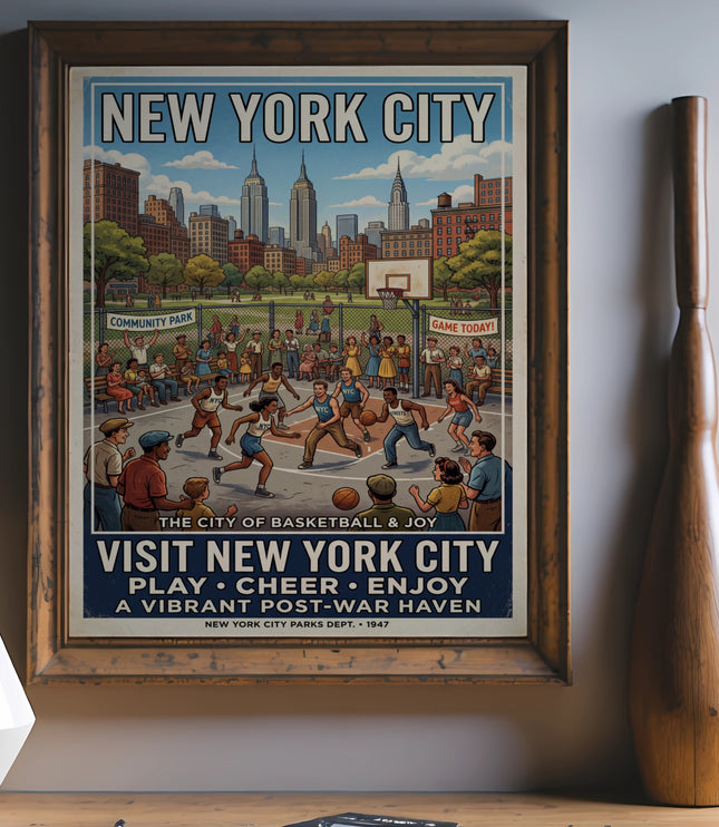 New York City basketball park vintage travel poster from 1947.